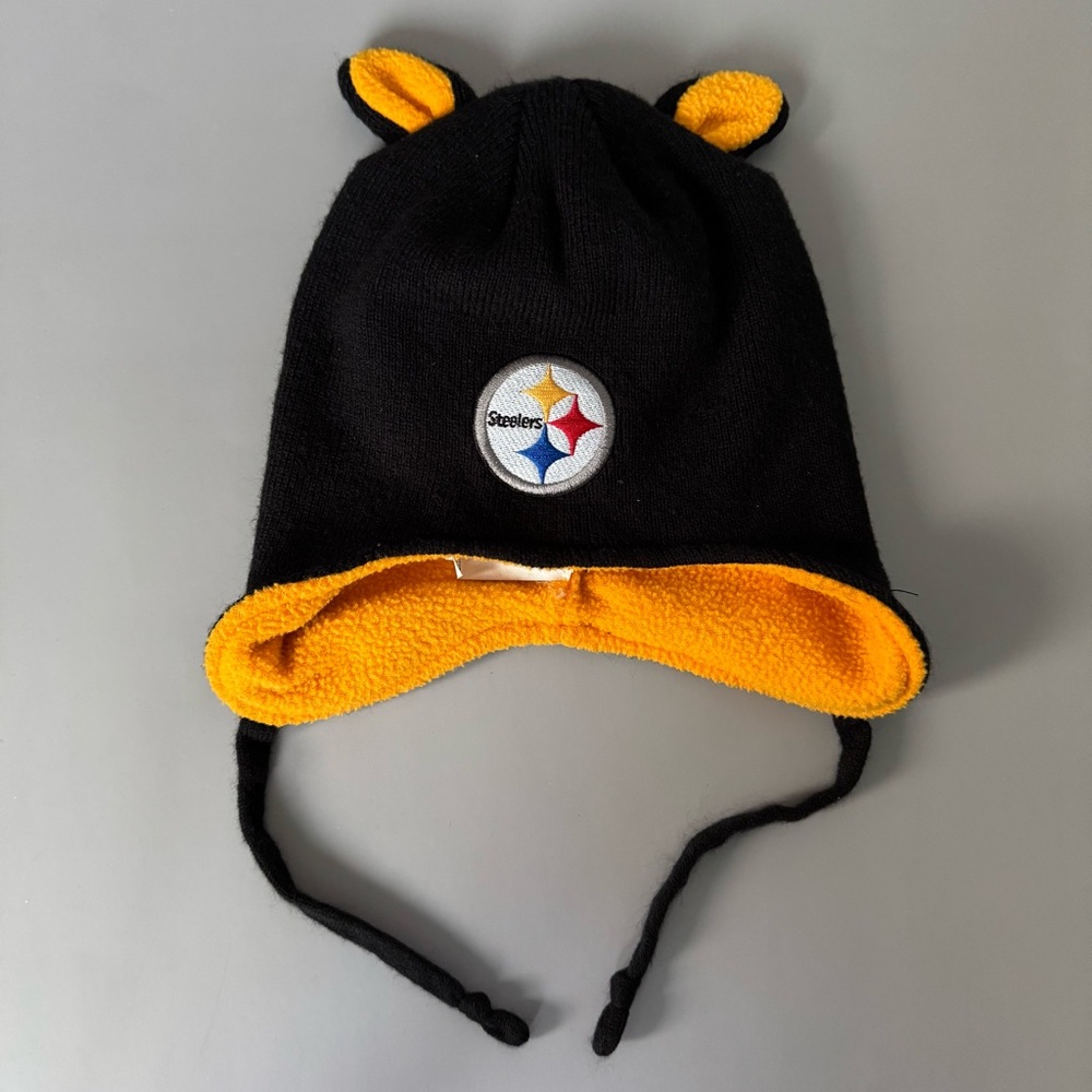 💜3/$15 Pittsburgh Steelers Toddler Knit Beanie Hat with Ears Fleece Lined
